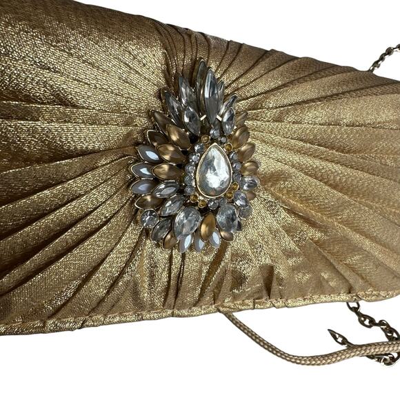 Kate Landry Evening Clutch Bag Metallic Gold Pleated Design Chain Strap - Picture 6 of 8